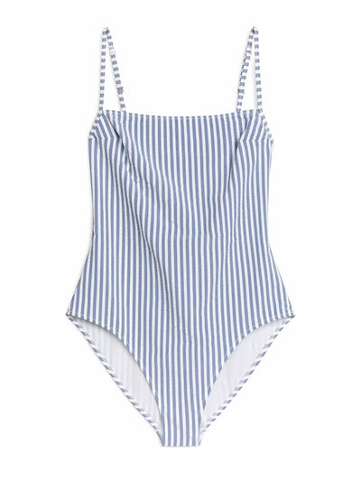 Arket Blue striped swimsuit at Collagerie