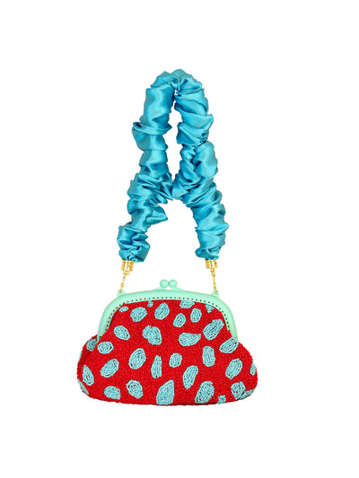 BrunnaCo Arnoldi ariela hand-beaded clutch bag in red and turquoise at Collagerie