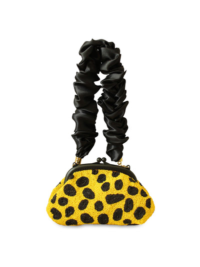 BrunnaCo Arnoldi venom hand-beaded clutch bag in black and yellow at Collagerie