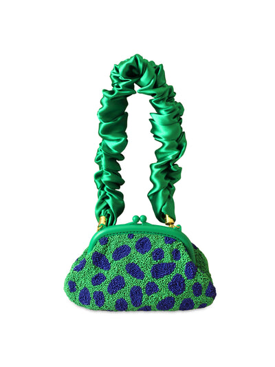 BrunnaCo Arnoldi jade hand-beaded clutch bag in lush green & blue at Collagerie