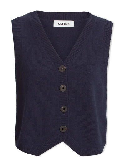 Cefinn Navy Wesley cashmere blend v neck waistcoat at Collagerie