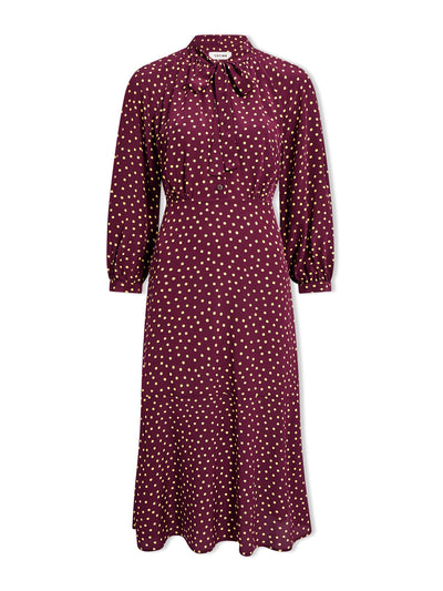 Cefinn Burgundy gold polka dot print Daria silk midi dress at Collagerie