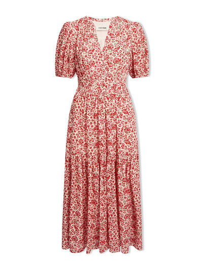 Cefinn Red mono floral print Olive cotton blend midi dress at Collagerie