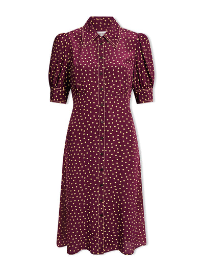 Cefinn Burgundy gold polka dot print Ivy silk dress at Collagerie