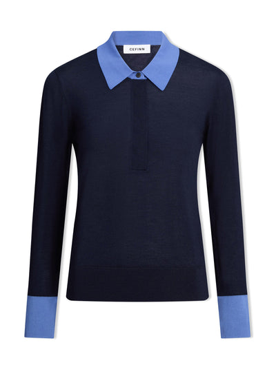 Cefinn Navy blue colour block Josie silk blend jumper at Collagerie