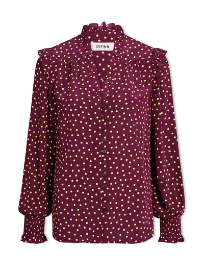 Cefinn Burgundy gold polka dot print Stella silk shirt at Collagerie