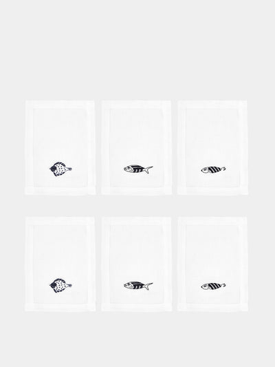 Loretta Caponi Mendini fish hand-embroidered linen cocktail napkins (set of 6) at Collagerie