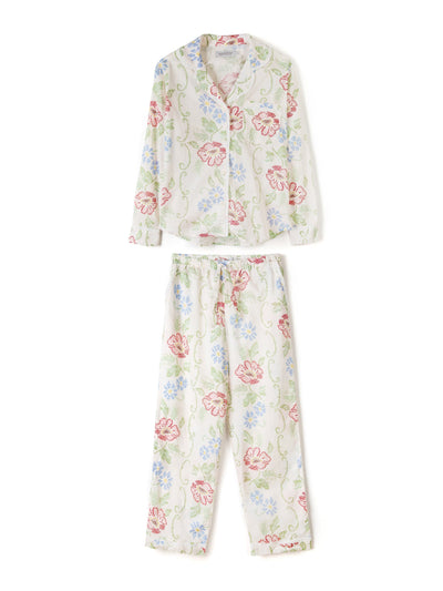 Desmond & Dempsey Long pyjama set Dorothea print cream with trims at Collagerie