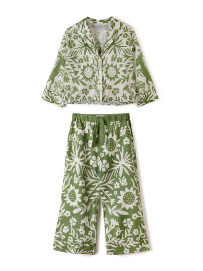 Desmond & Dempsey Boxy shirt and wide leg trouser set Fabelei print green and cream at Collagerie