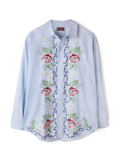 Desmond & Dempsey Unisex lounge shirt Dorothea cross stitch print in light blue at Collagerie