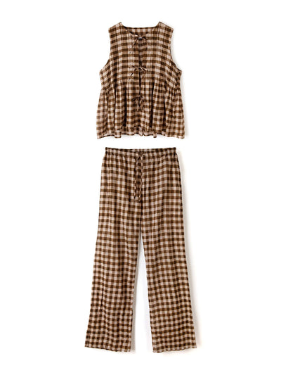 Desmond & Dempsey Pleated cami lounge set gingham brown and cream at Collagerie