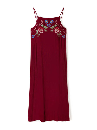 Desmond & Dempsey Square nightie Dorothea cross stitch print in burgundy at Collagerie