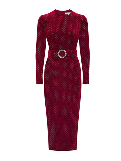 Borgo De Nor Crystal burgundy Kiara velvet midi dress at Collagerie