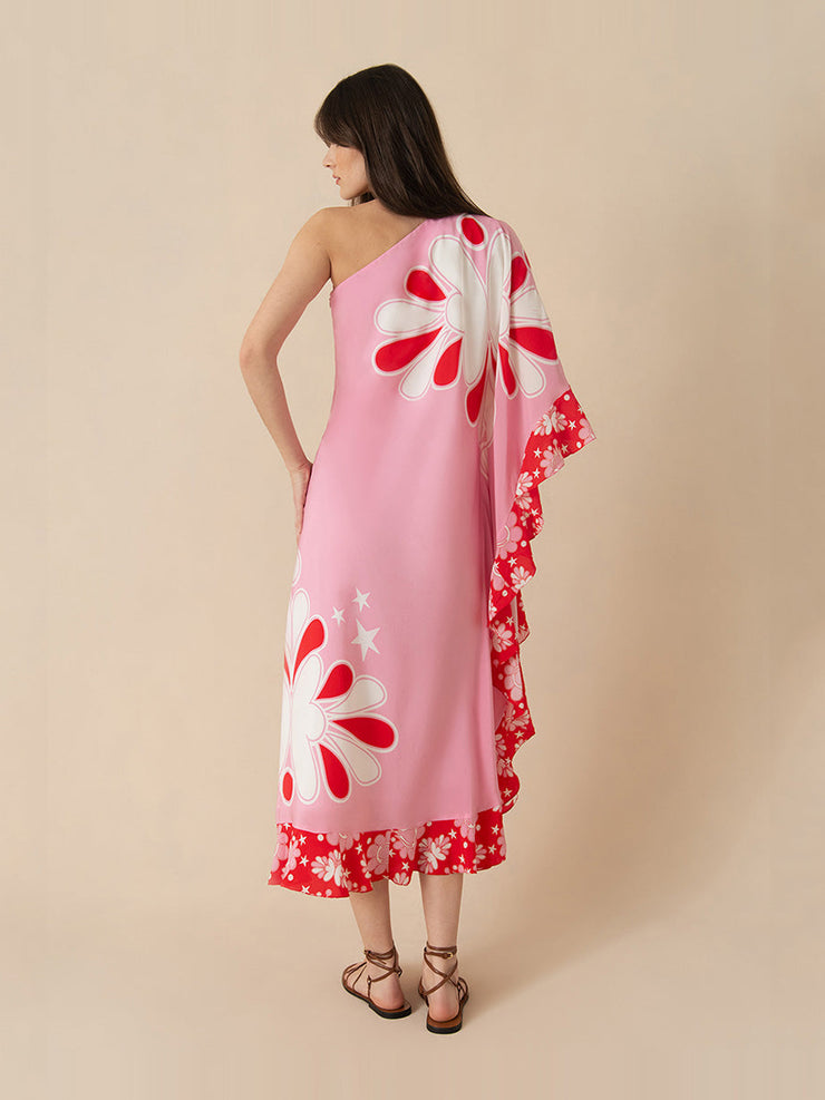 70s flower pink Ginger crepe midi dress