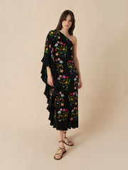 Terrazo flower black Ginger crepe midi dress