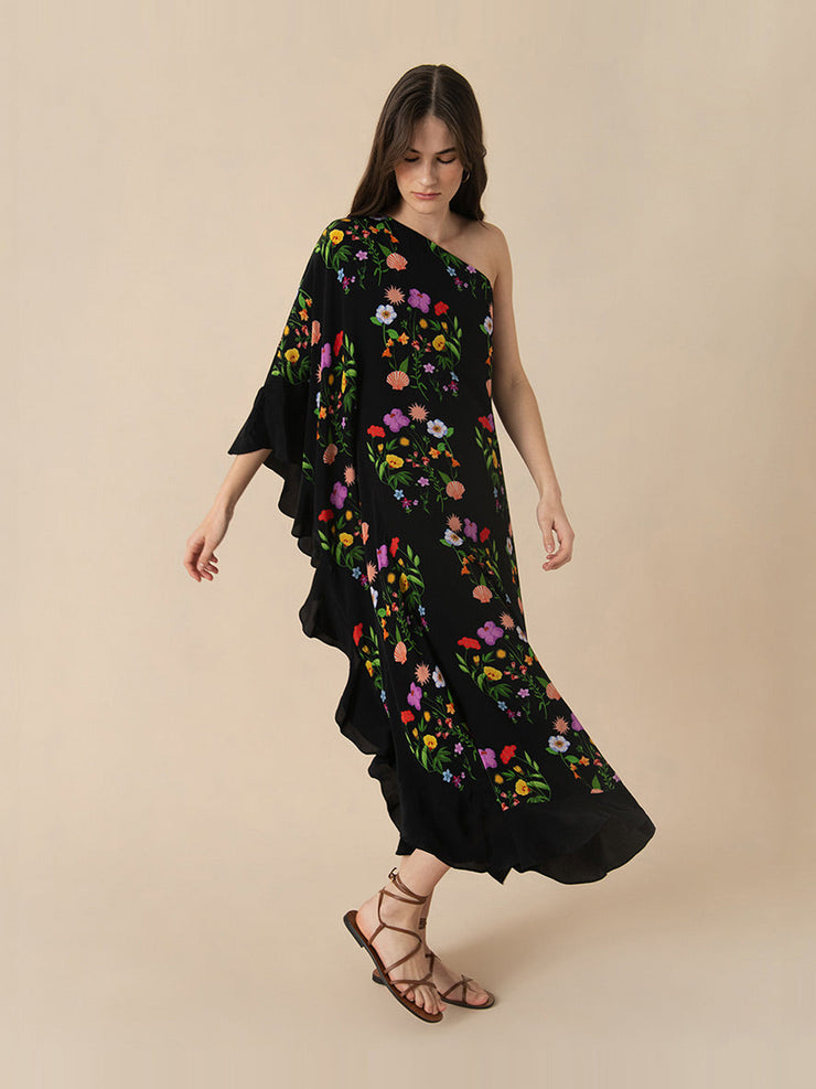 Terrazo flower black Ginger crepe midi dress