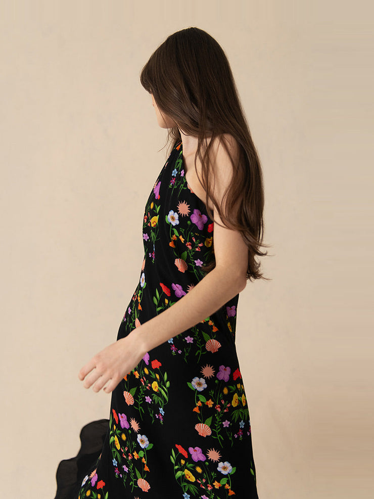 Terrazo flower black Ginger crepe midi dress