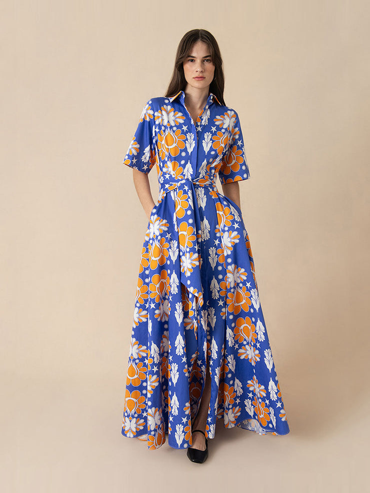 Geo flower blue Posie cotton maxi dress