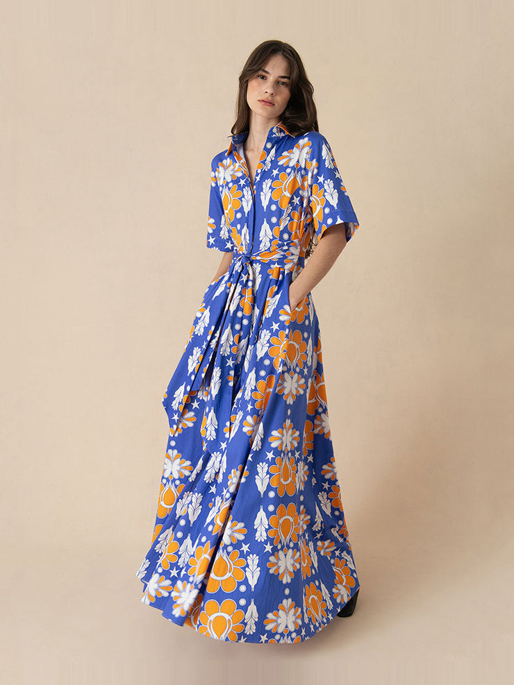 Geo flower blue Posie cotton maxi dress