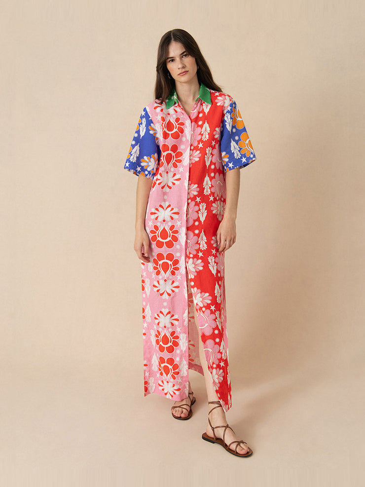 Geo flower multi Penny linen maxi dress