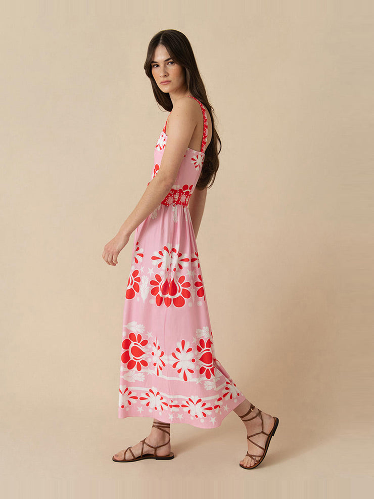 Geo flower pink Ninet cotton midi dress