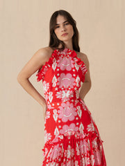 Geo flower red Tatiana crepe maxi dress