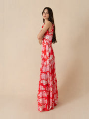 Geo flower red Tatiana crepe maxi dress