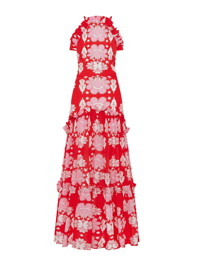 Borgo De Nor Geo flower red Tatiana crepe maxi dress at Collagerie