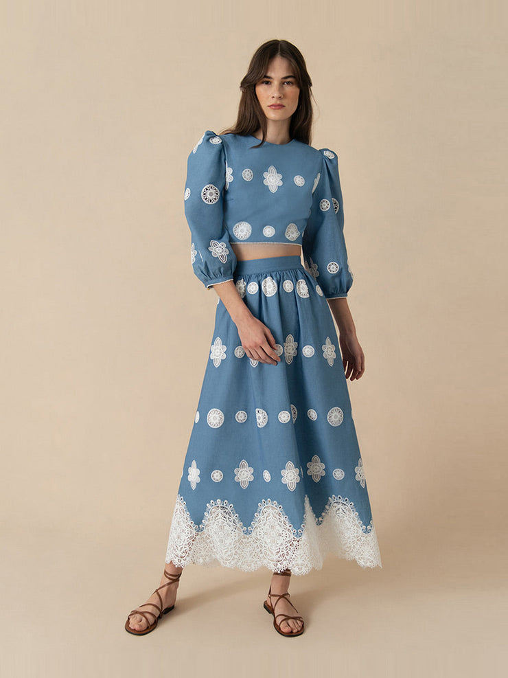 Blue lace Rhea denim midi skirt