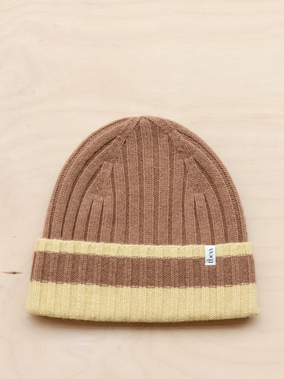 TBCo Cashmere and merino beanie in camel & vanilla at Collagerie