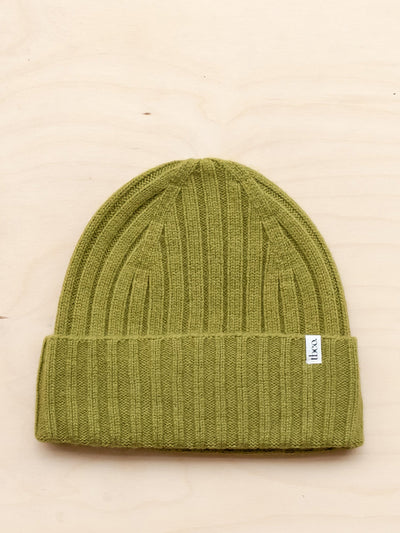 TBCo Cashmere and merino beanie in olive at Collagerie