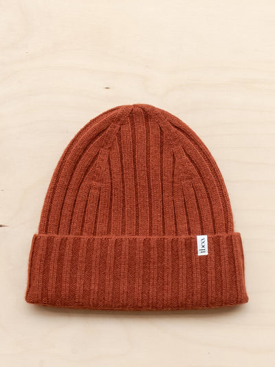 TBCo Cashmere and merino beanie in rust at Collagerie