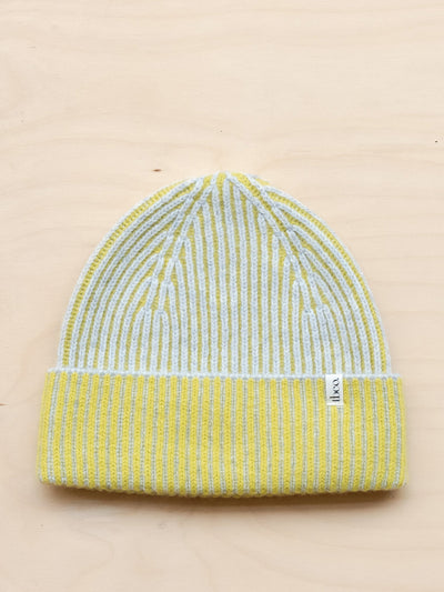 TBCo Cashmere an merino two-tone beanie in lime at Collagerie