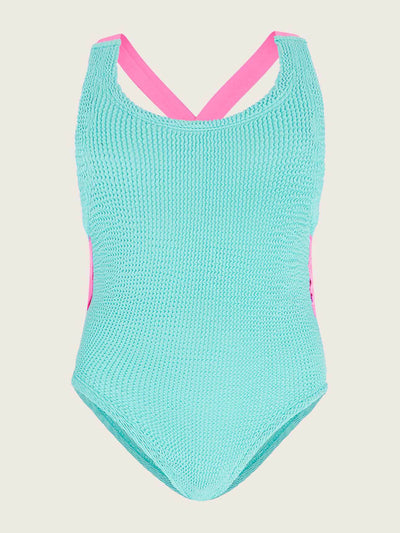 Hunza G Aqua and bubblegum kids Lara swimsuit at Collagerie