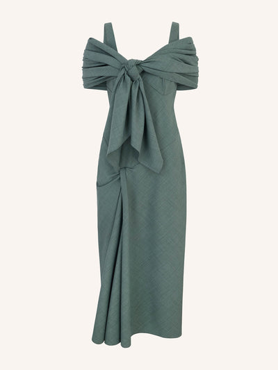 Emilia Wickstead Barlowa scarf tie dress in khaki summer wool at Collagerie