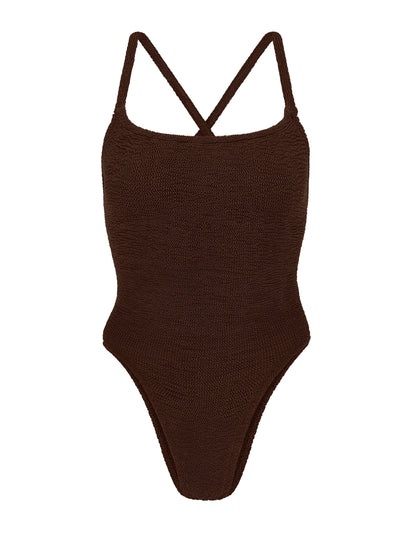 Hunza G Mattalic chocolate Bette swimsuit at Collagerie