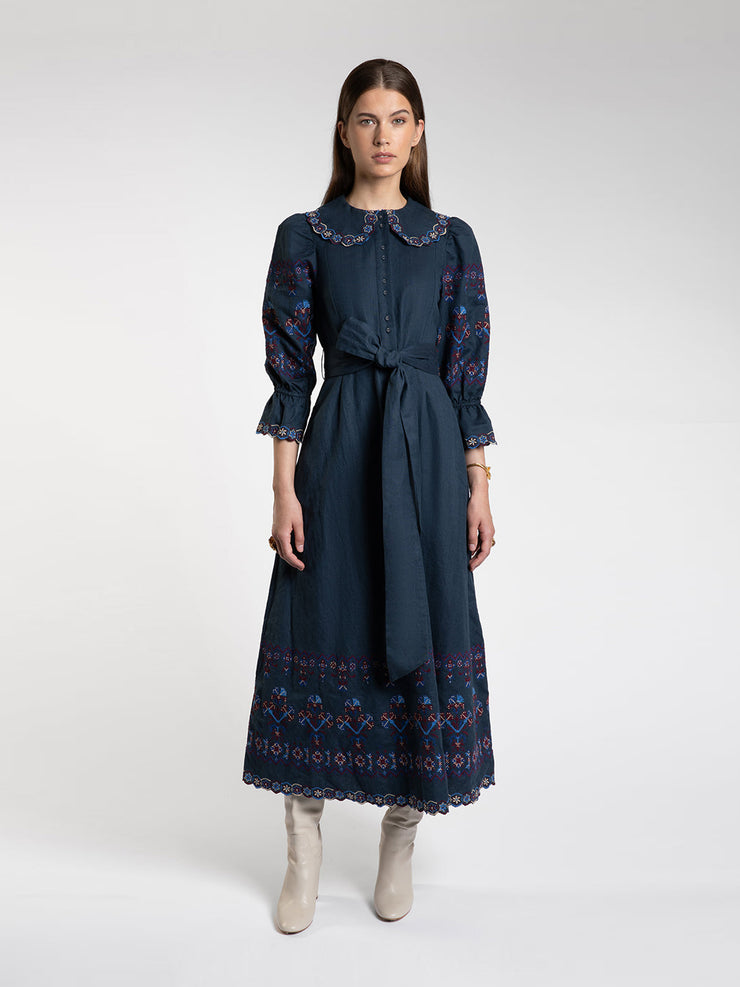 Navy embroidered Dhalia dress