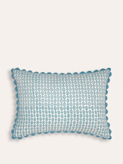 Birdie Fortescue Blue Viale block pint cushion at Collagerie