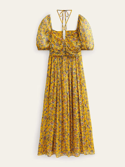 Boden Yellow floral-print halterneck-detail maxi dress at Collagerie