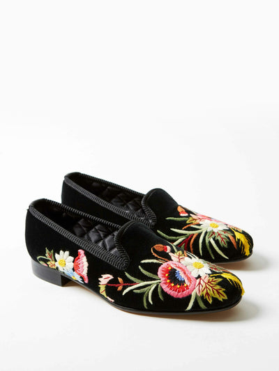 Bowhill & Elliott Black velvet embroidered albert slippers at Collagerie