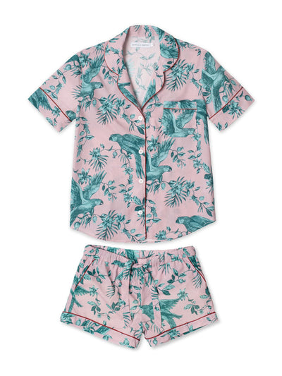 Desmond & Dempsey Short pyjama set bromley parrot print in pink and blue at Collagerie