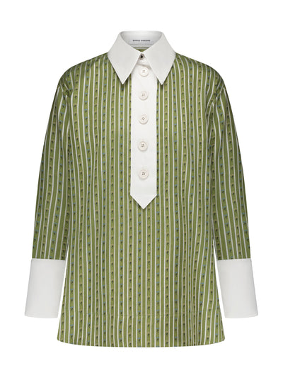 Marina Moscone Moss green and white contrast collar shirt at Collagerie