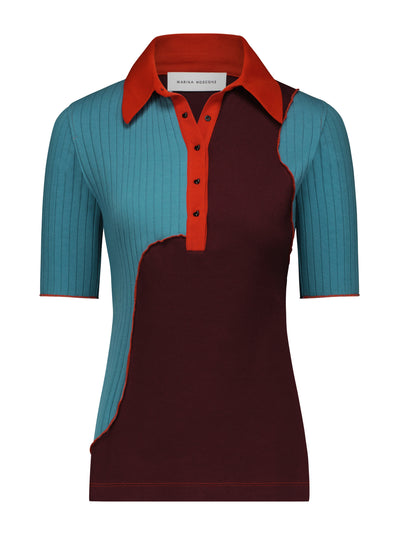 Marina Moscone Bordeaux and acqua abstract polo shirt at Collagerie