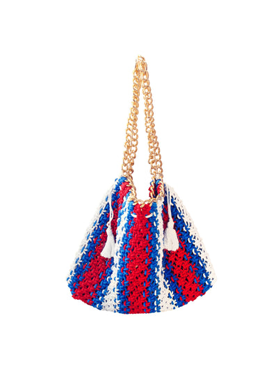 BrunnaCo Colette macrame beach bag in red, white and blue at Collagerie