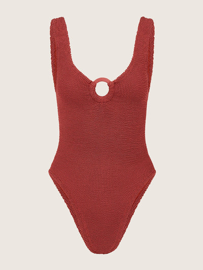 Hunza G Metallic rosewood coverage Celine swimsuit with fabric covered hoops at Collagerie