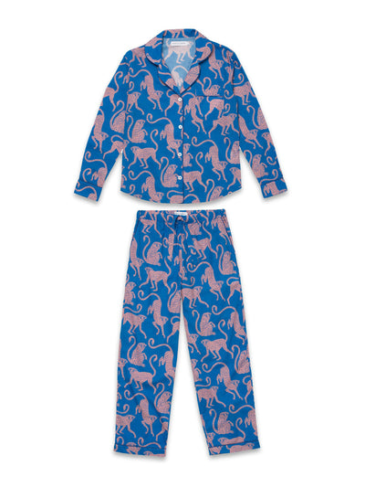 Desmond & Dempsey Long pyjama set chango print in blue and pink at Collagerie