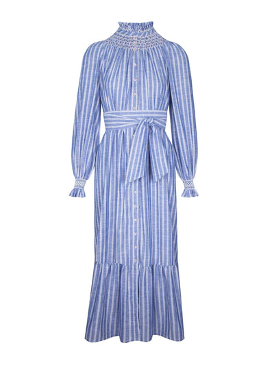 Smock London Colette dress chambray stripes with hot lips hand smocking at Collagerie