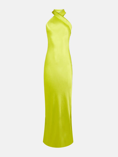 Galvan Lime yellow satin Pandora dress at Collagerie