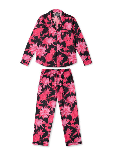 Desmond & Dempsey Black and pink night bloom print long pyjama set at Collagerie