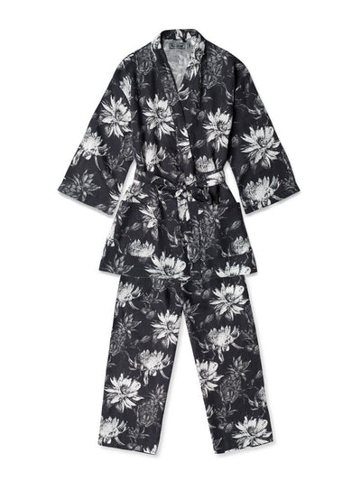 Desmond & Dempsey Black and white night bloom print linen wrap set at Collagerie